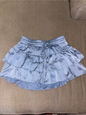 Light Blue Satin Tiered Mini Skirt with Drawstring Waist